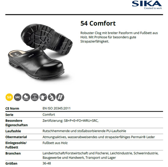 SIKA 54 Comfort Robuster Clog - Breite Passform und Fußbett aus Holz